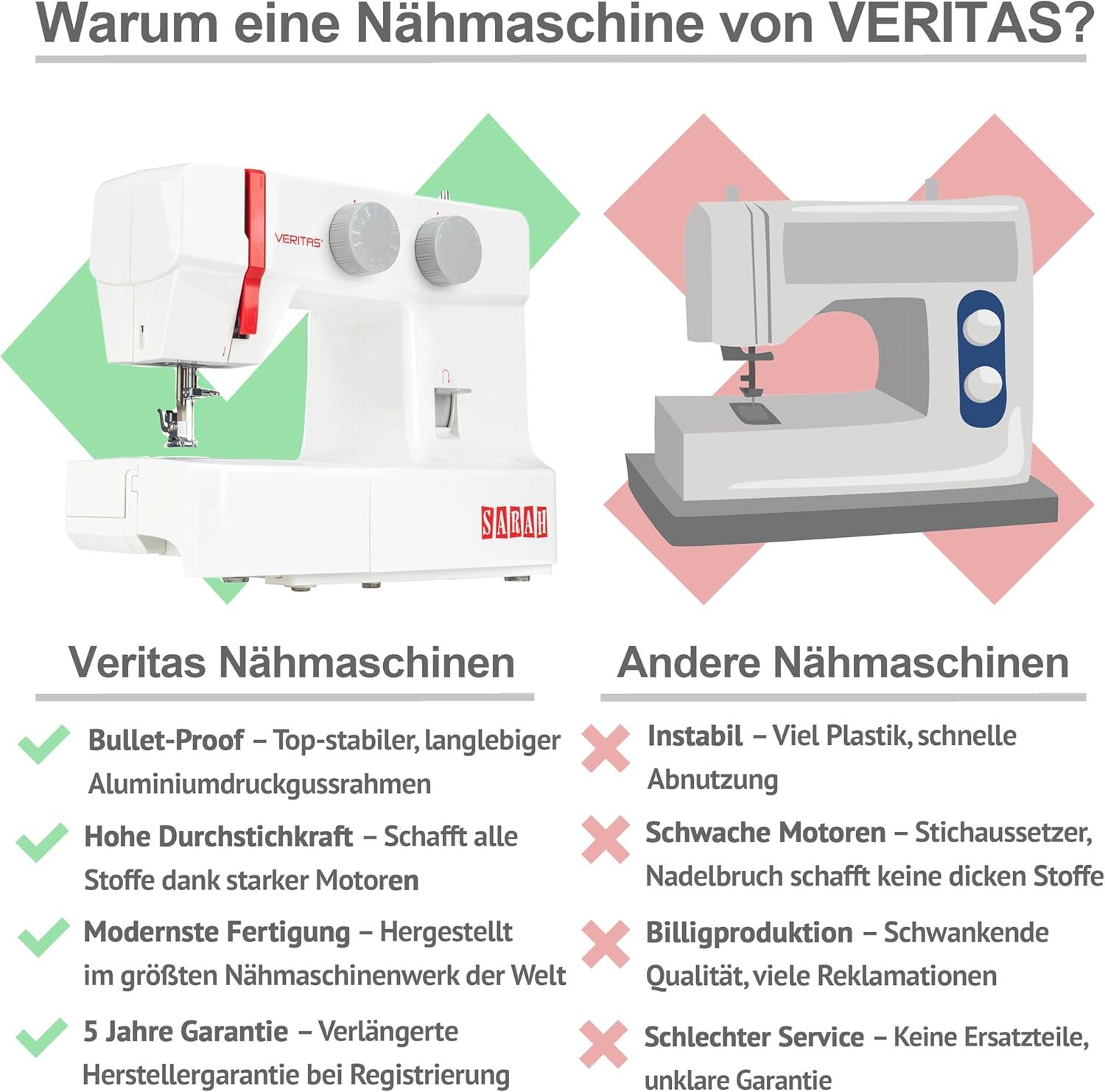 VERITAS Sarah Nähmaschine mit Fußpedal I 13 Stiche I LED Licht I Nähen für Anfänger (Weiß/Rot)